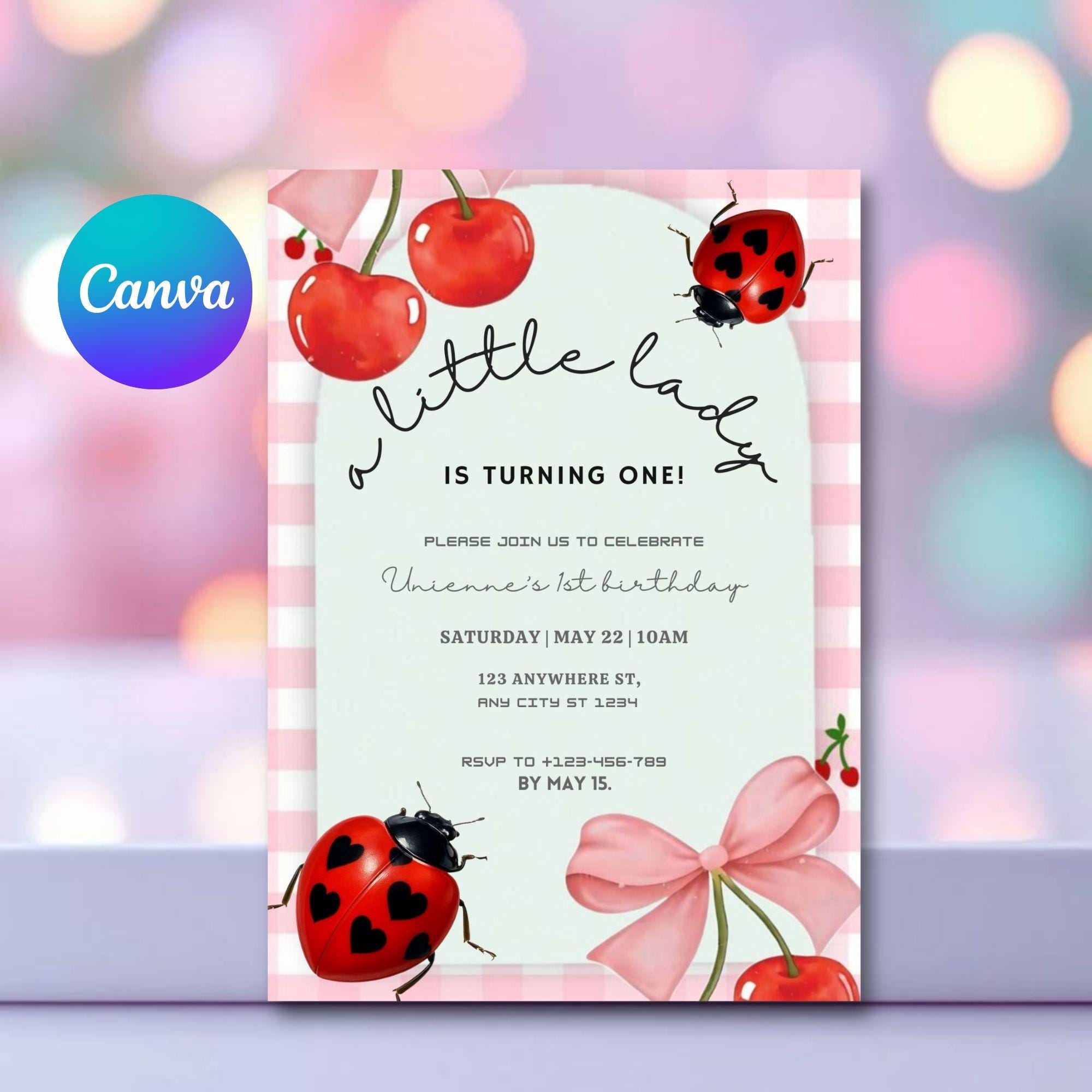First Birthday Invitation – Ladybug Theme Red & Black (Editable)