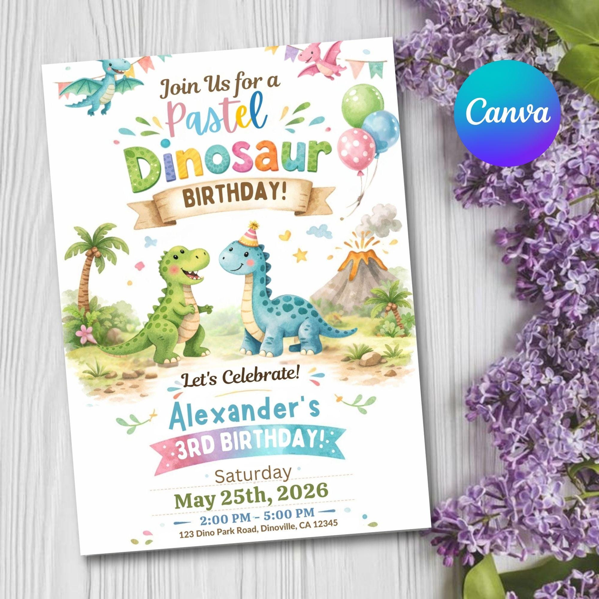 Dinosaur Birthday Invitation: Soft Pastel Colors - Editable Template