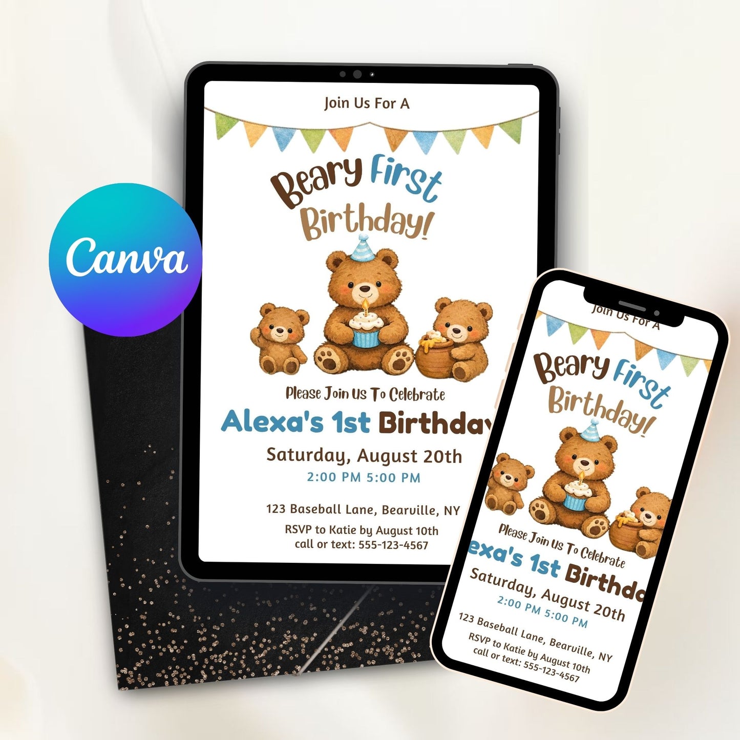 Editable Beary First Birthday Invitation