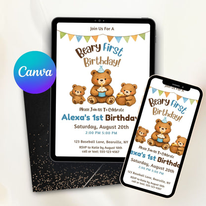 Editable Beary First Birthday Invitation