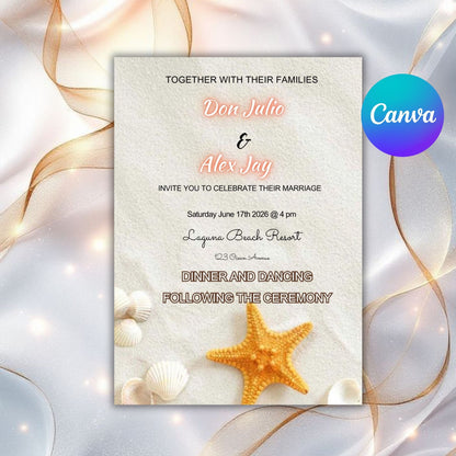Tropical Beach Wedding Invitation – Elegant Starfish Editable Canva Template | Digital Download