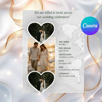 Destination Wedding Invitation Template – Editable Canva Design, Tropical Beach Theme | Digital Download