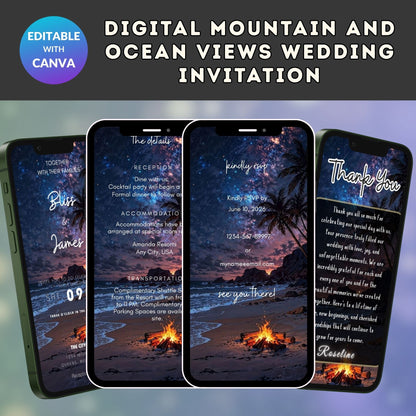 Mountain & Ocean Wedding Invitation – Digital Editable Canva Template, Scenic Outdoor Theme