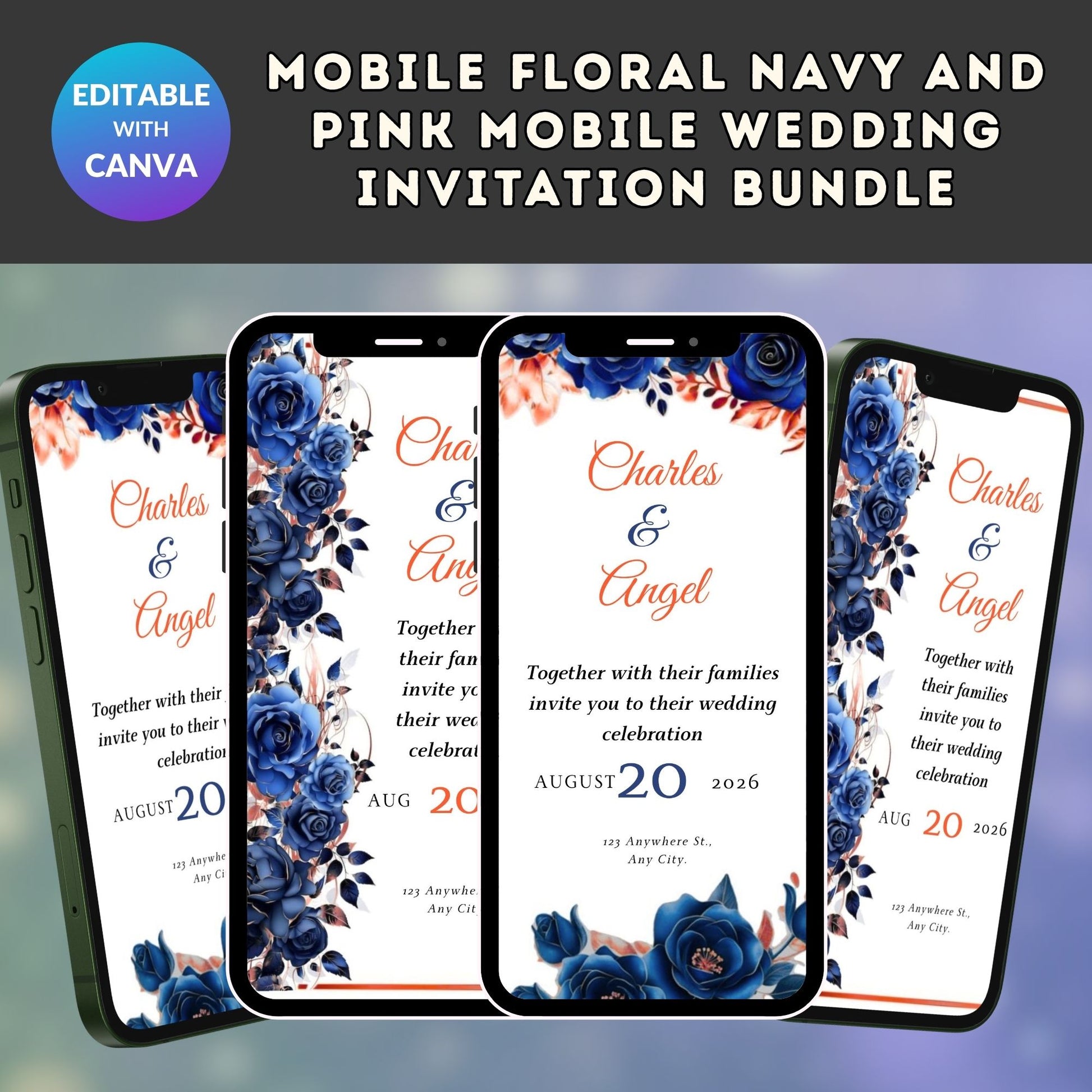 Mobile Floral Navy and Pink Mobile Wedding Invitation Bundle