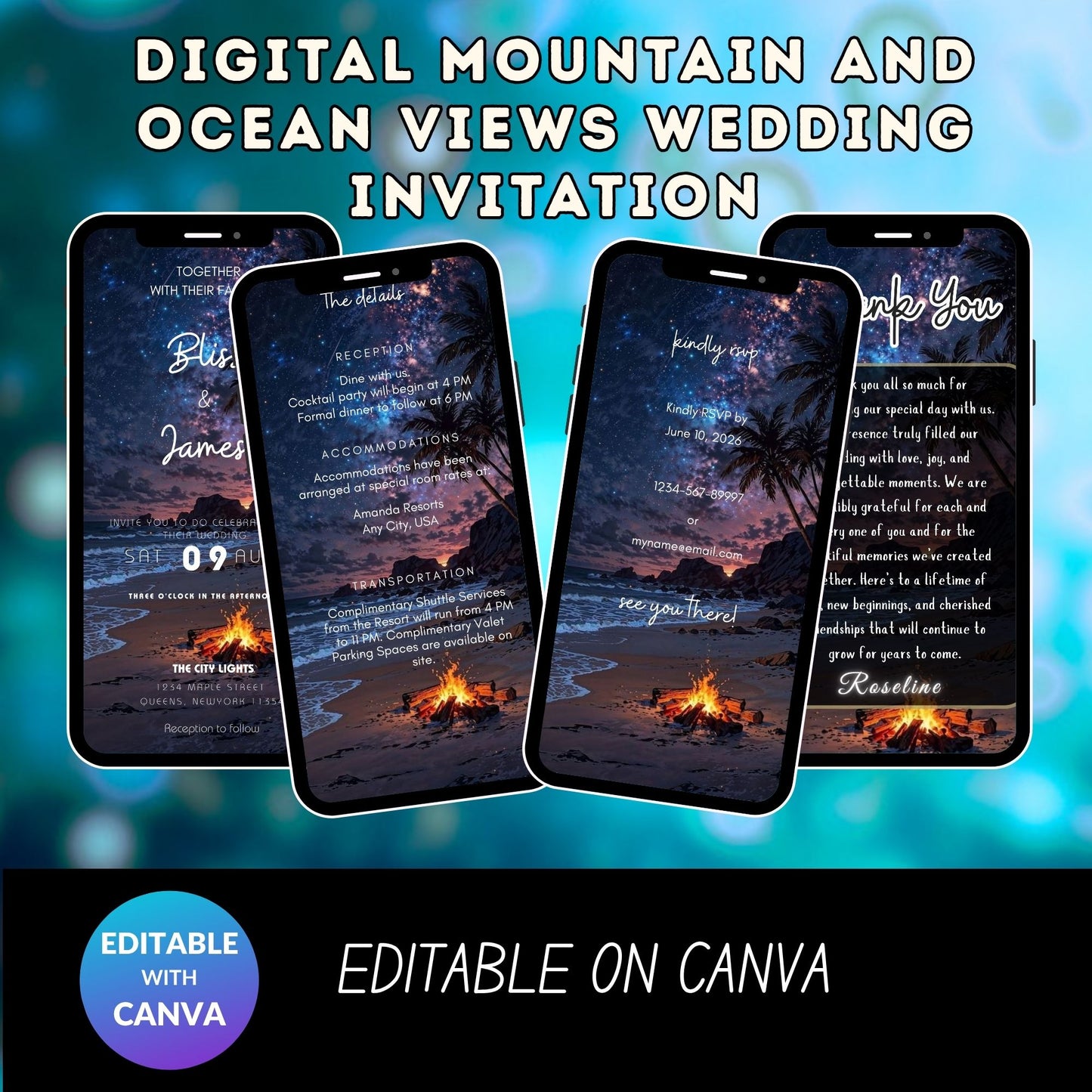 Mountain & Ocean Wedding Invitation – Digital Editable Canva Template, Scenic Outdoor Theme