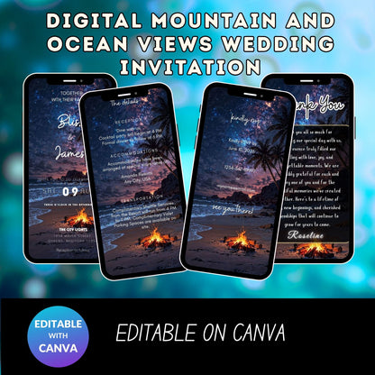 Mountain & Ocean Wedding Invitation – Digital Editable Canva Template, Scenic Outdoor Theme