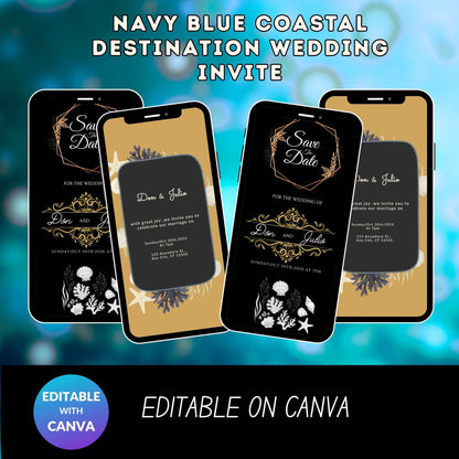 Navy Blue Coastal Destination Wedding Invite