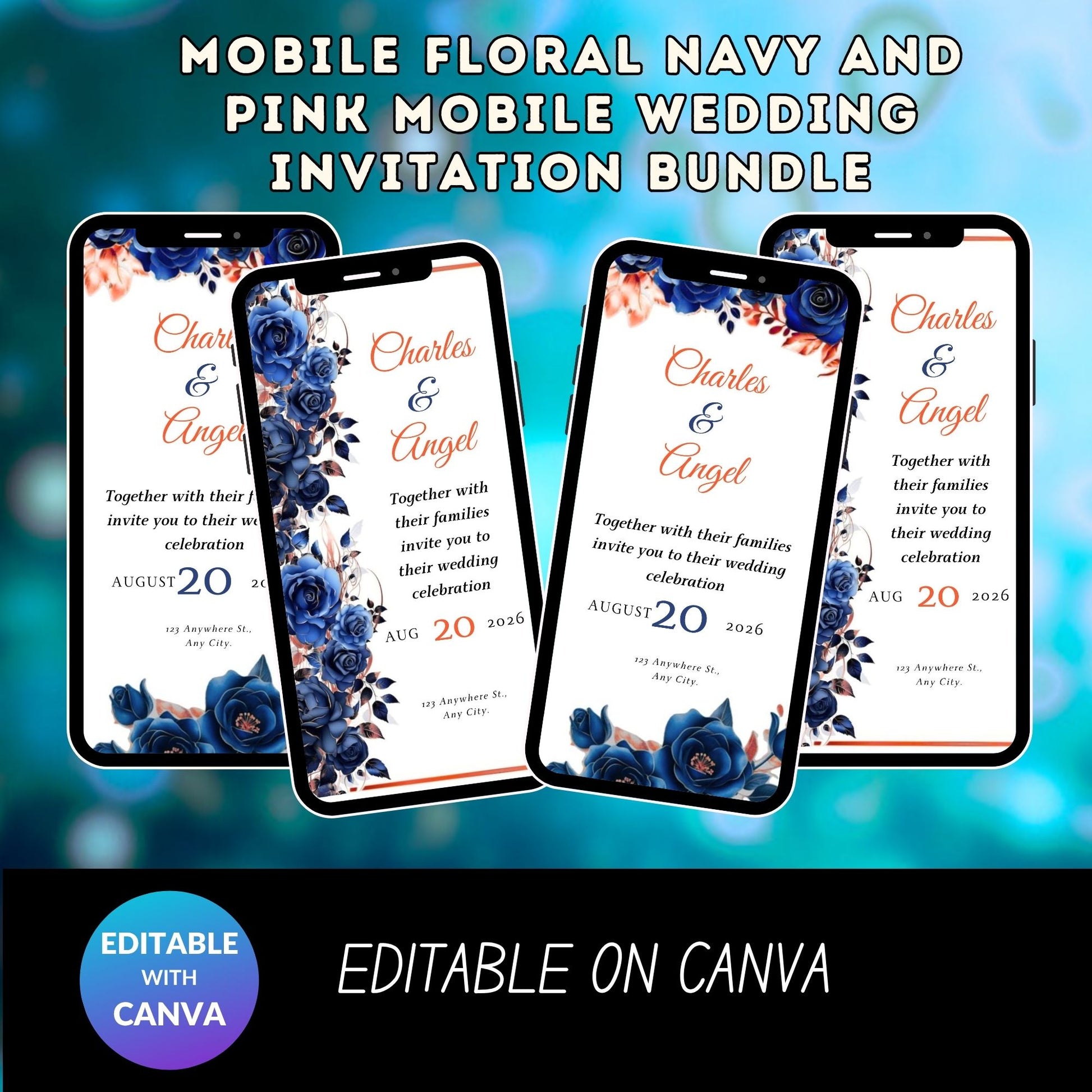 Mobile Floral Navy and Pink Mobile Wedding Invitation Bundle