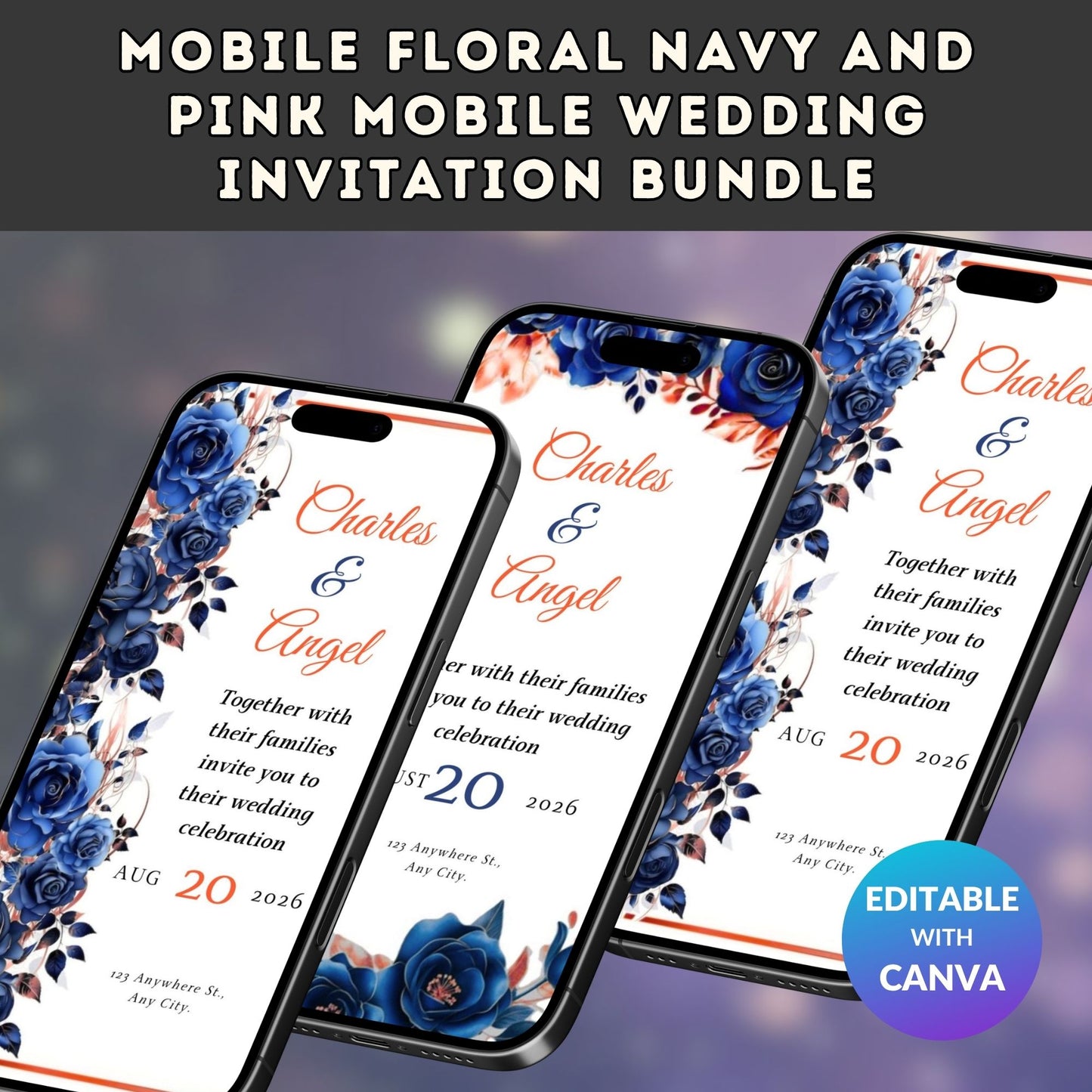 Mobile Floral Navy and Pink Mobile Wedding Invitation Bundle