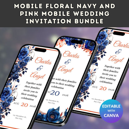 Mobile Floral Navy and Pink Mobile Wedding Invitation Bundle
