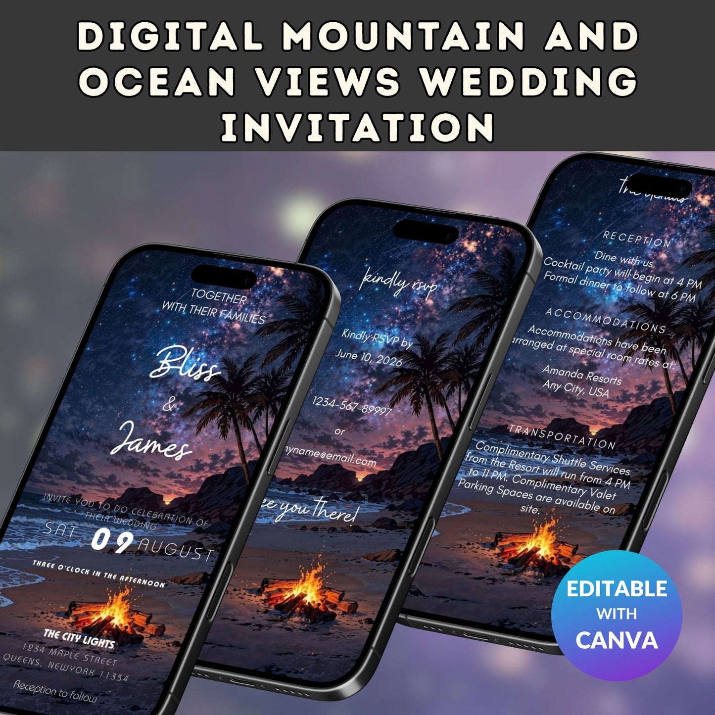Mountain & Ocean Wedding Invitation – Digital Editable Canva Template, Scenic Outdoor Theme