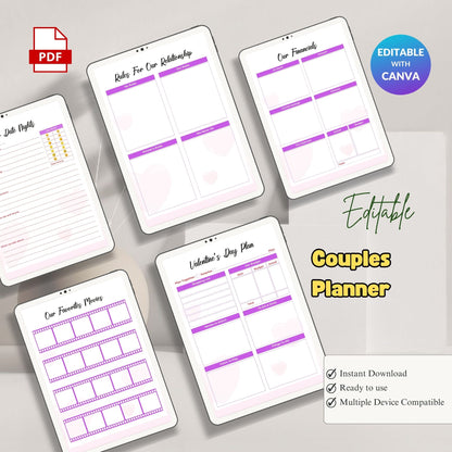 Couple Planner Printable – Relationship Goals, Date Ideas & Bucket List Workbook | PDF