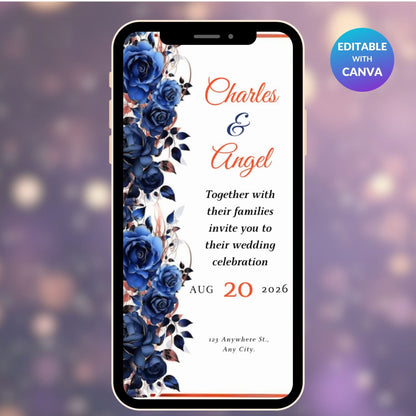 Mobile Floral Navy and Pink Mobile Wedding Invitation Bundle