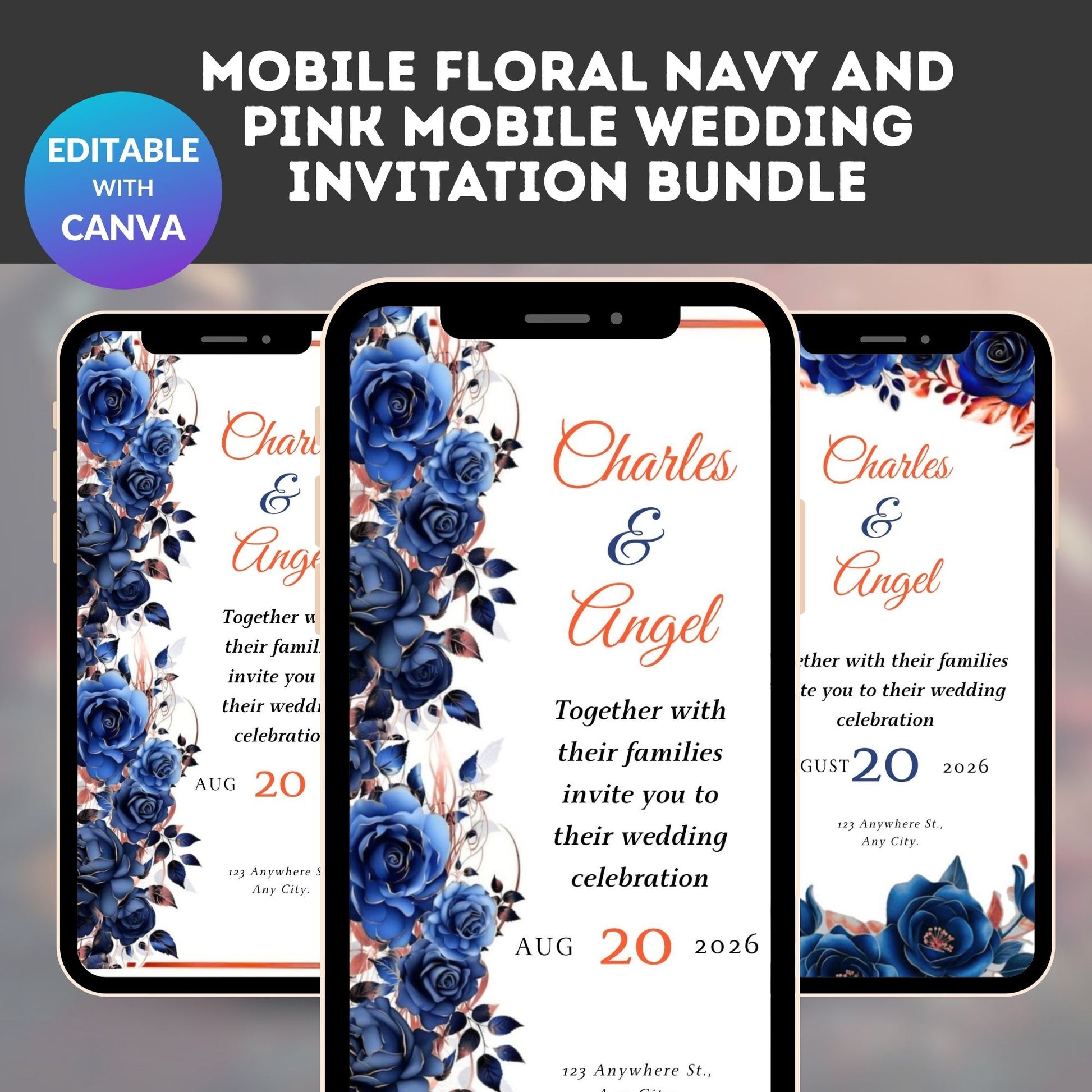 Mobile Floral Navy and Pink Mobile Wedding Invitation Bundle