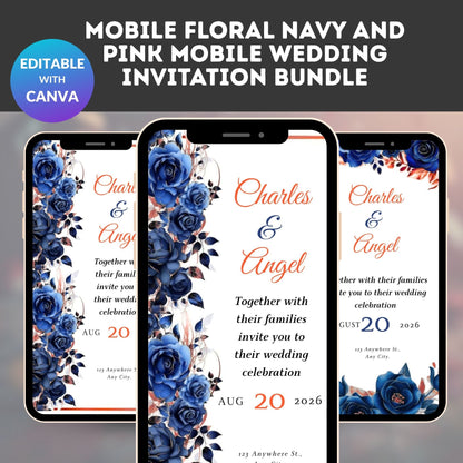 Mobile Floral Navy and Pink Mobile Wedding Invitation Bundle