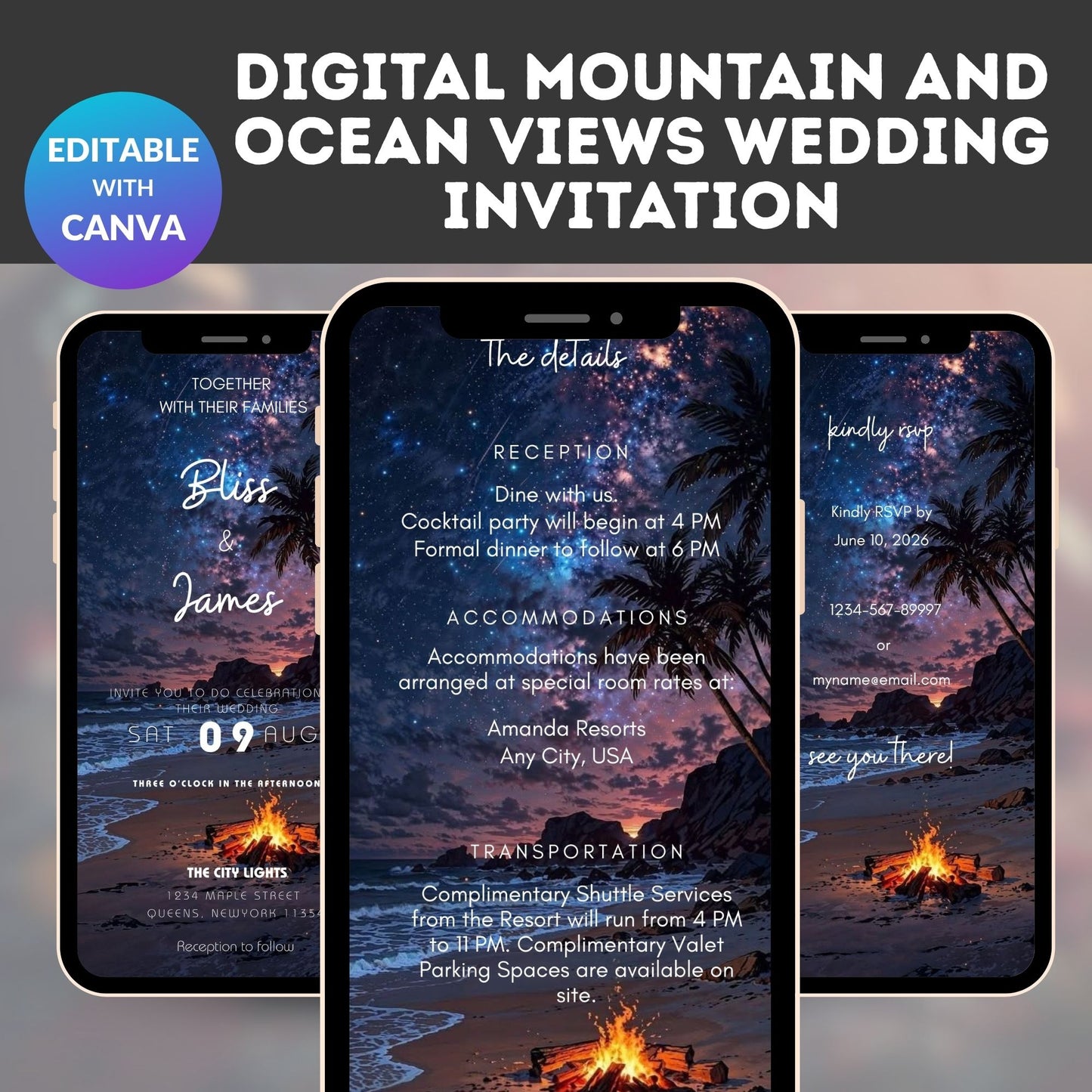 Mountain & Ocean Wedding Invitation – Digital Editable Canva Template, Scenic Outdoor Theme