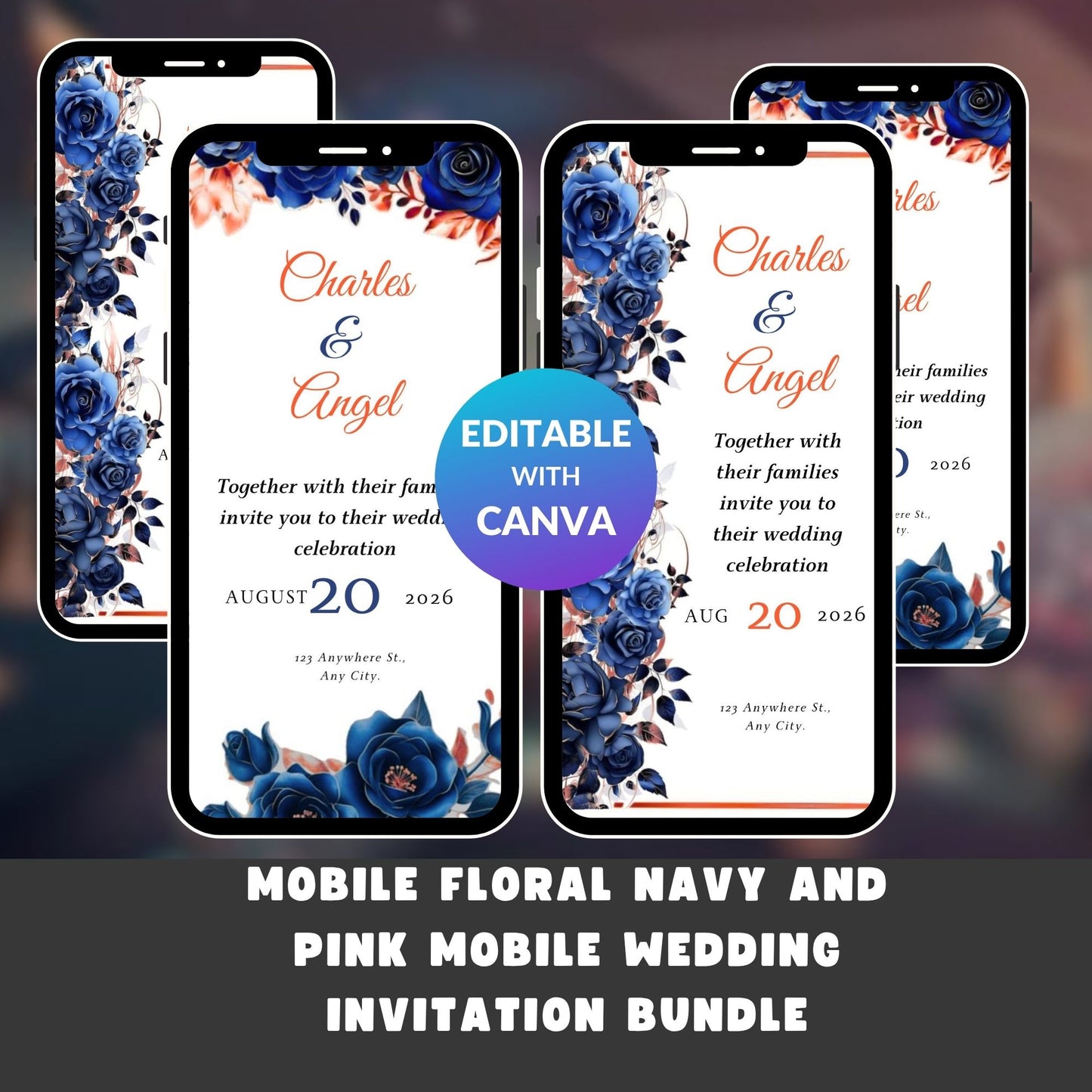 Mobile Floral Navy and Pink Mobile Wedding Invitation Bundle