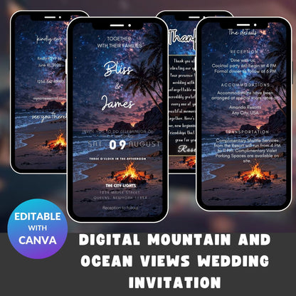 Mountain & Ocean Wedding Invitation – Digital Editable Canva Template, Scenic Outdoor Theme
