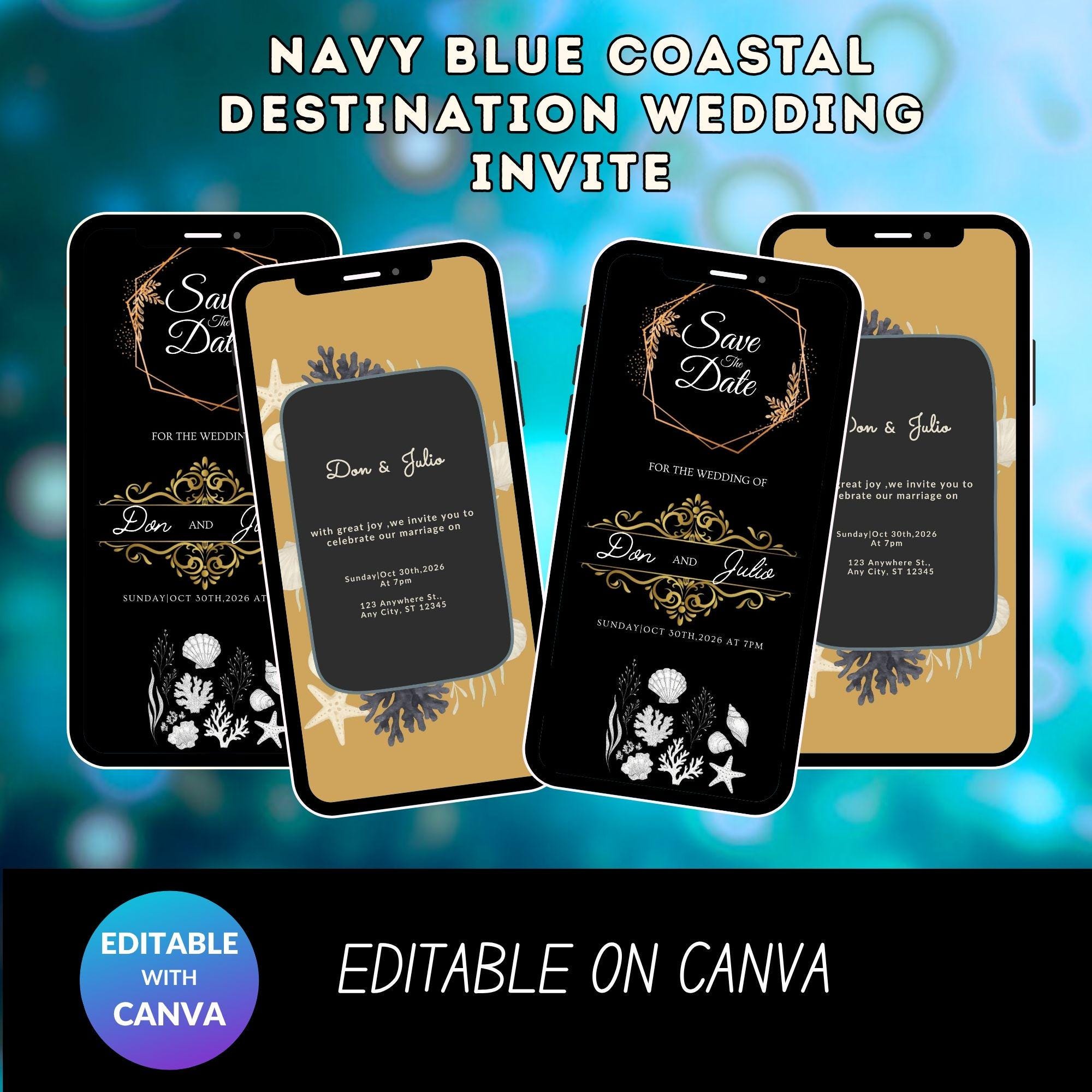 Coastal Wedding Invitation – Navy Blue Seaside Design (Editable)