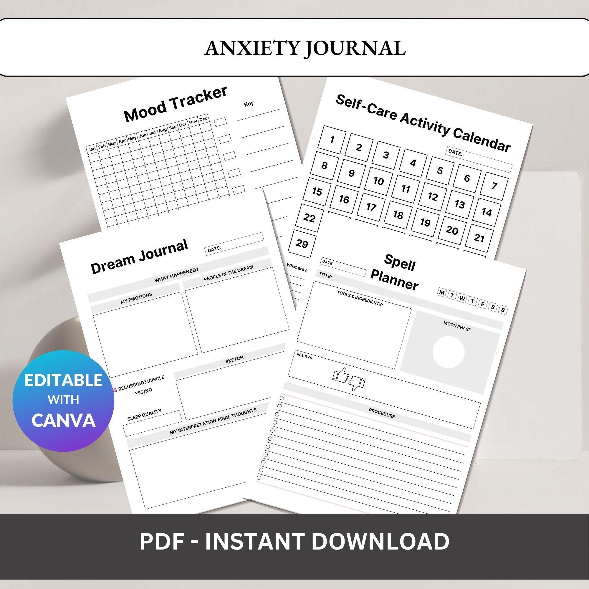 Anxiety Journal Workbook – Mood Logs & Self-Care Planner (Printable PDF)