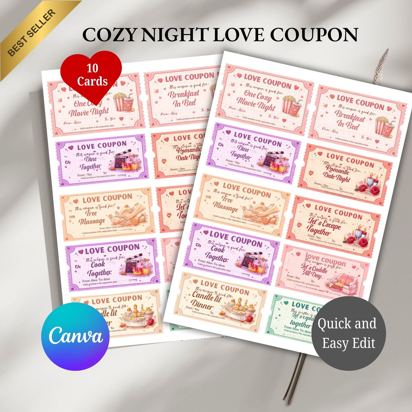 Cozy Night Love Coupons Printable – Romantic Date Night Cards | Valentine's Day Gift A4 PDF