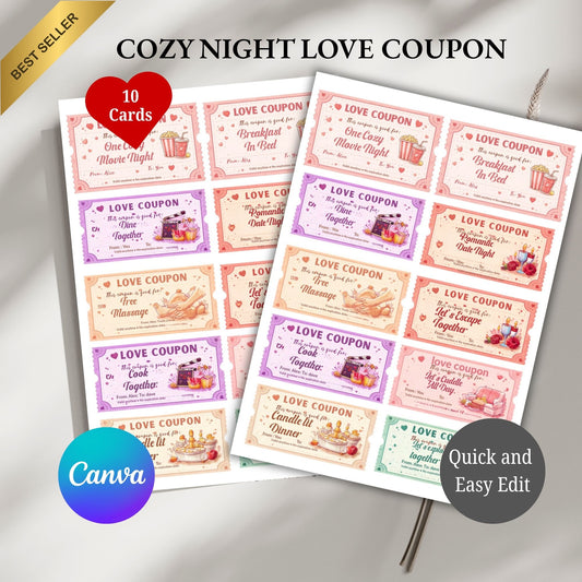 Cozy Night Love Coupons Printable – Romantic Date Night Cards | Valentine's Day Gift A4 PDF