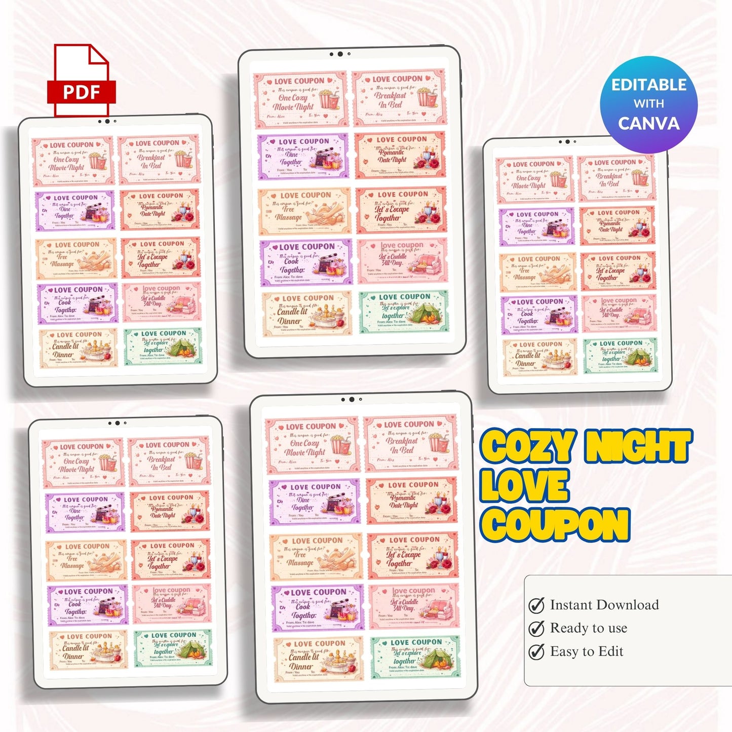 Cozy Night Love Coupons Printable – Romantic Date Night Cards | Valentine's Day Gift A4 PDF