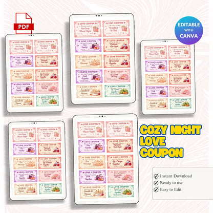 Cozy Night Love Coupons Printable – Romantic Date Night Cards | Valentine's Day Gift A4 PDF