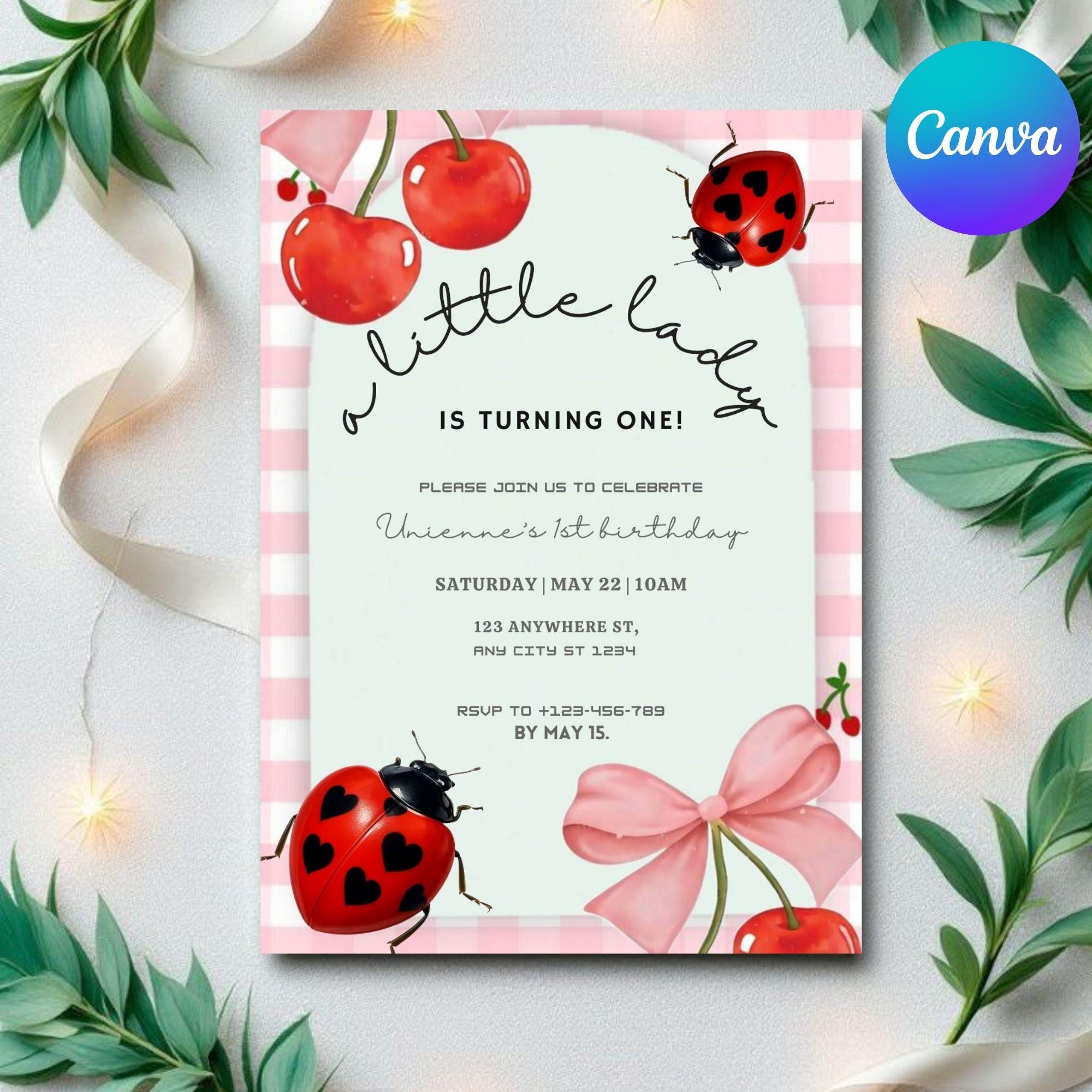 First Birthday Invitation – Ladybug Theme Red & Black (Editable)