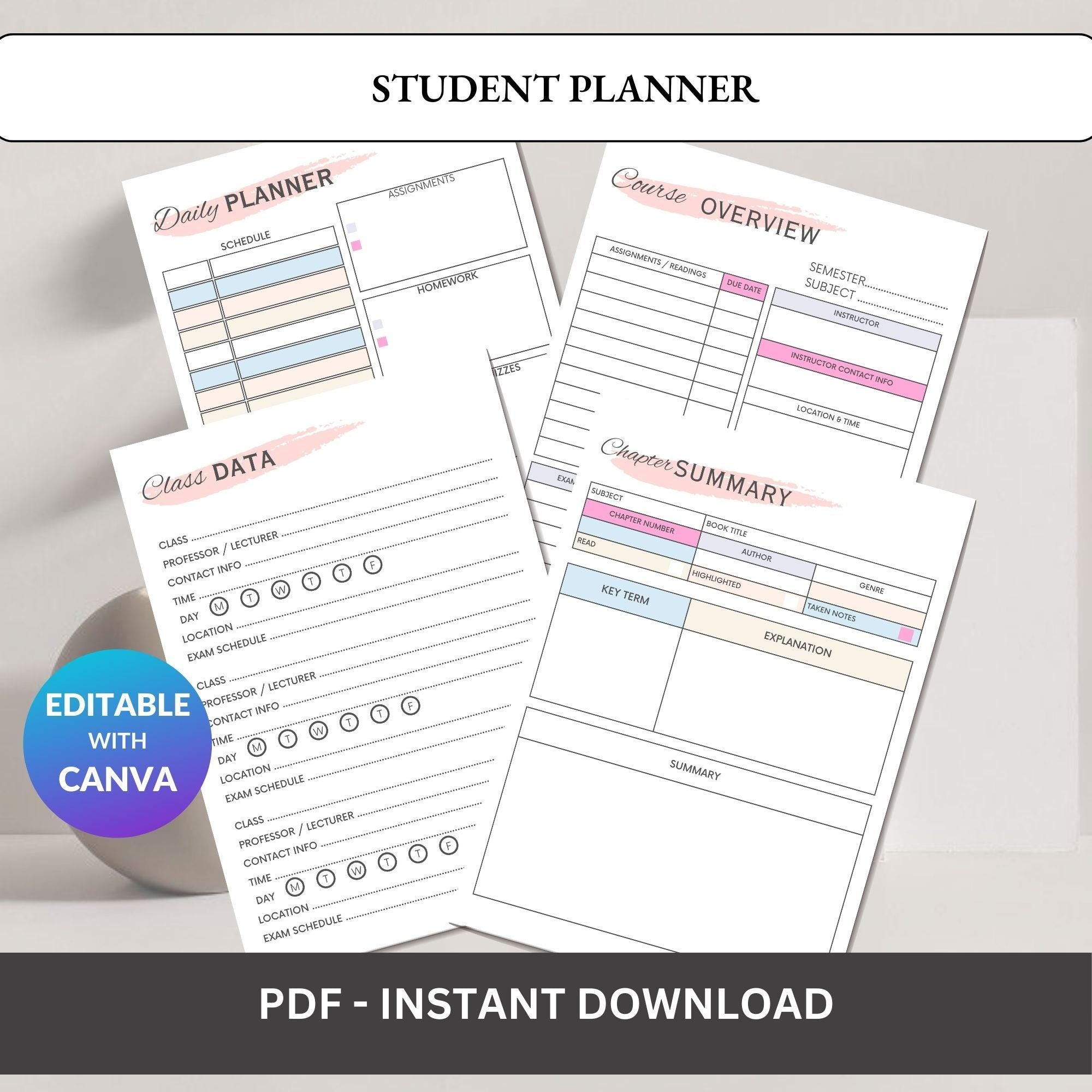 Academic Planner PDF: Study Schedule, Exam & Homework Logs - Digital Download