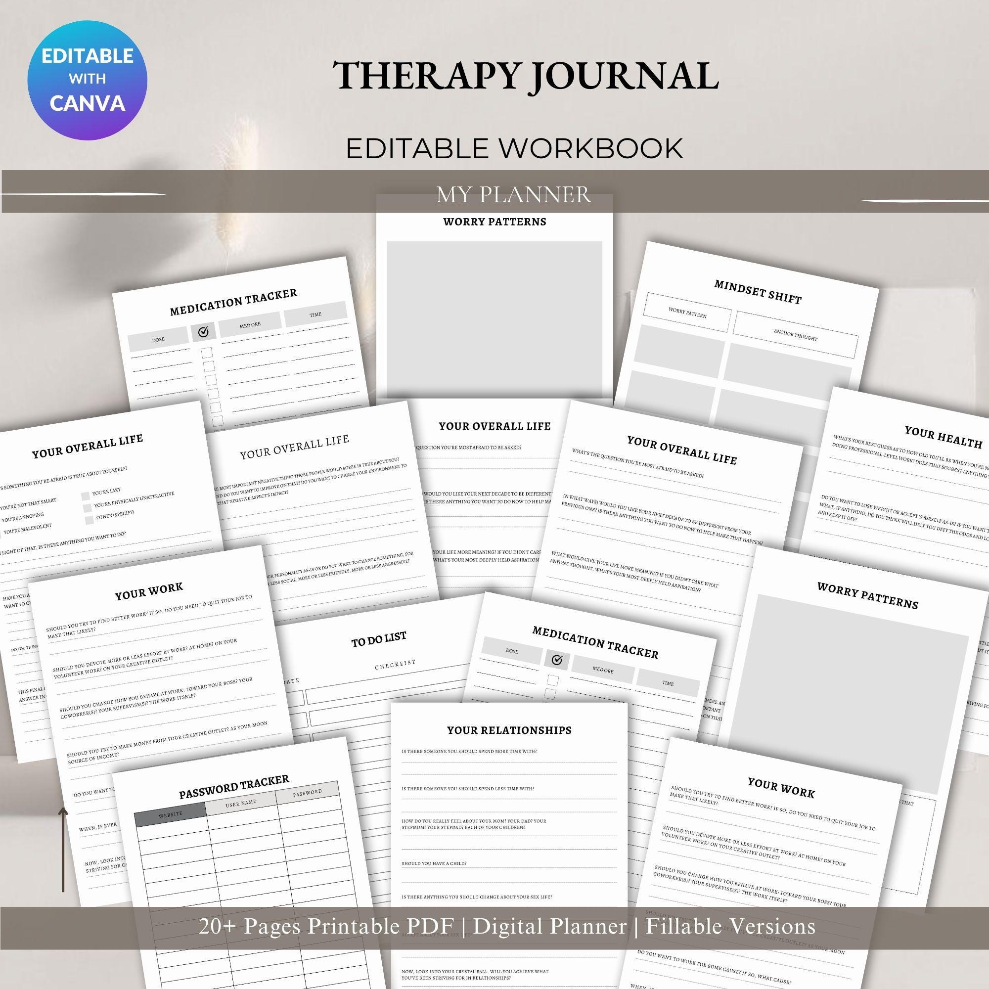 Mental Health Workbook – Therapy Journal with Mood Tracker (Printable PDF)