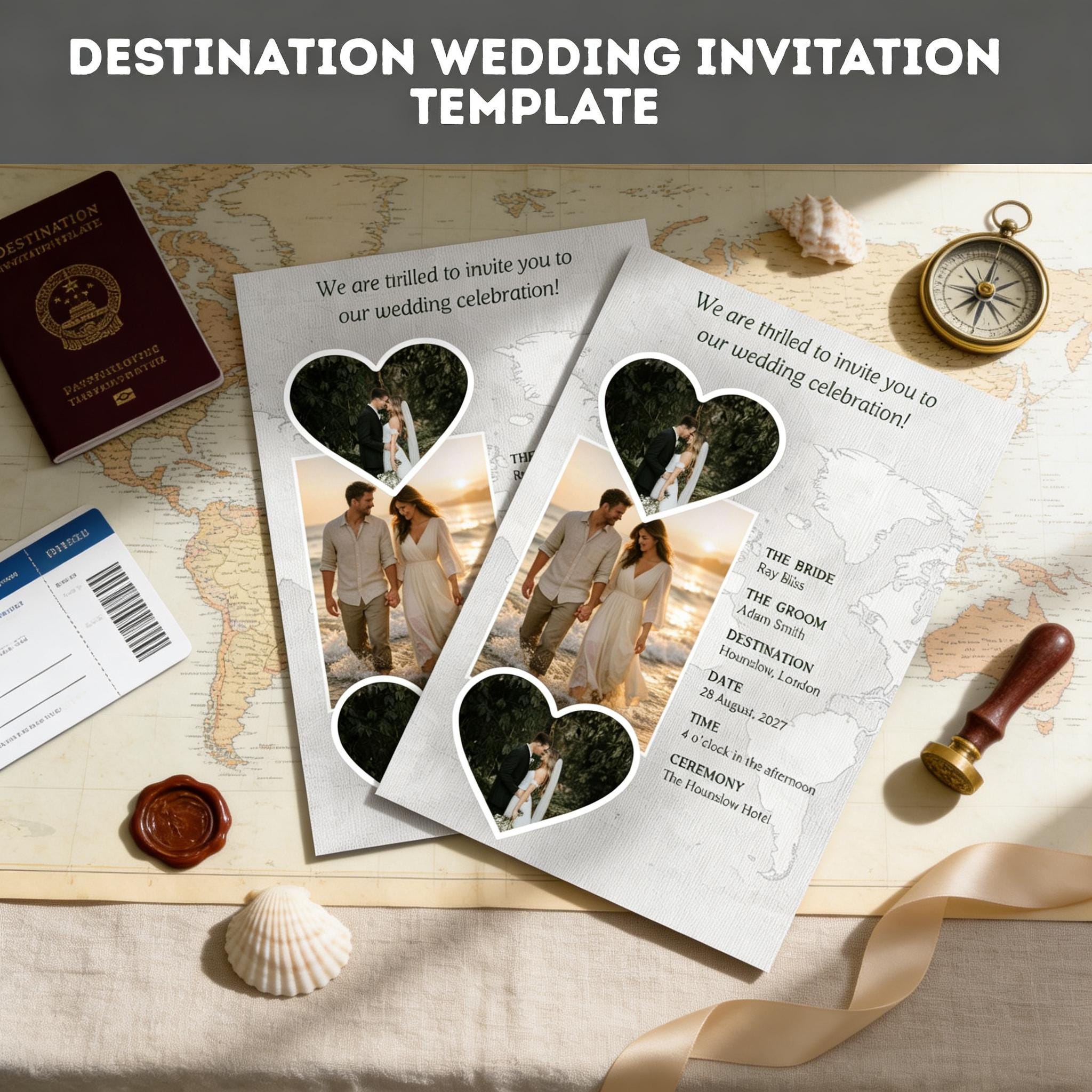 Destination Wedding Invitation - Editable Travel and Beach Invite