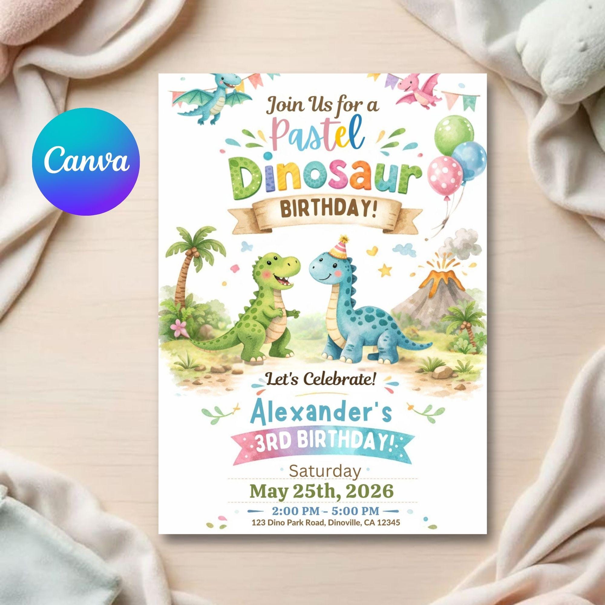 Dinosaur Birthday Invitation: Soft Pastel Colors - Editable Template