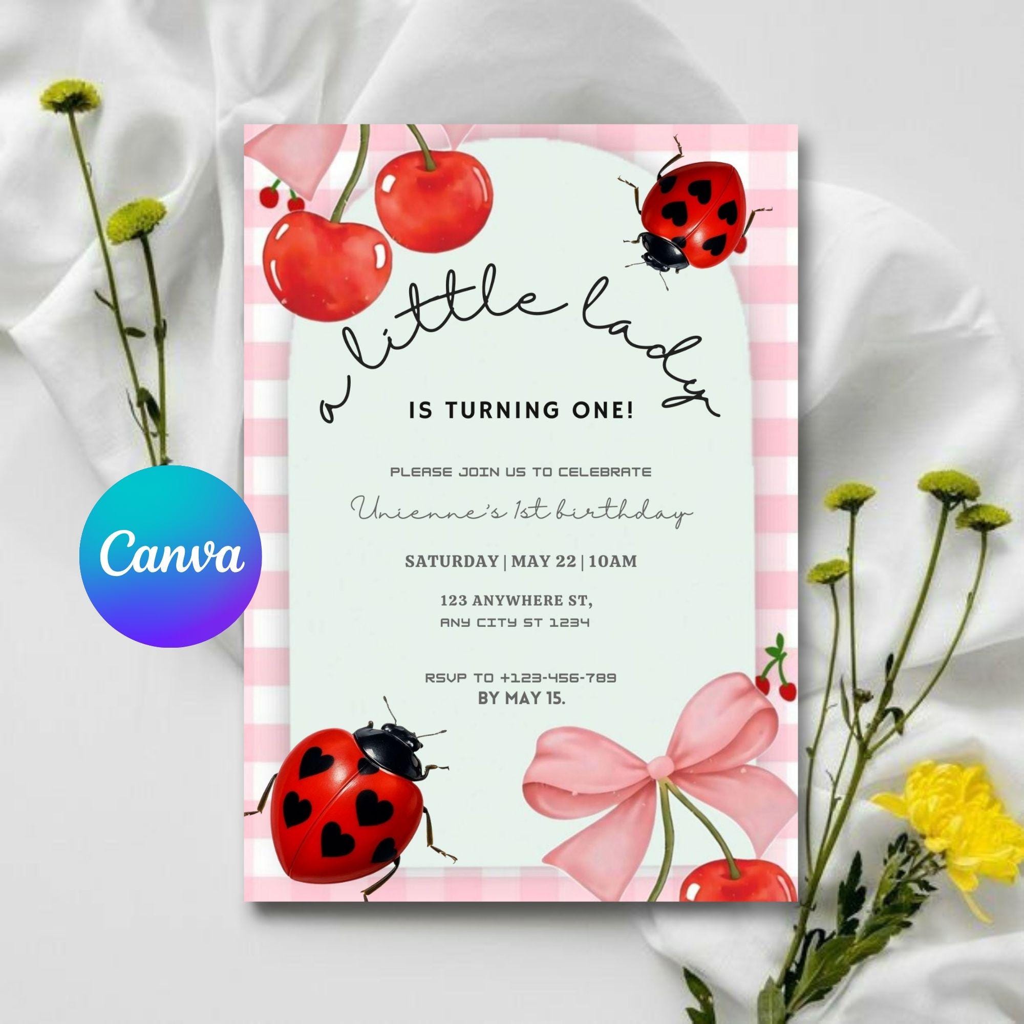 First Birthday Invitation – Ladybug Theme Red & Black (Editable)