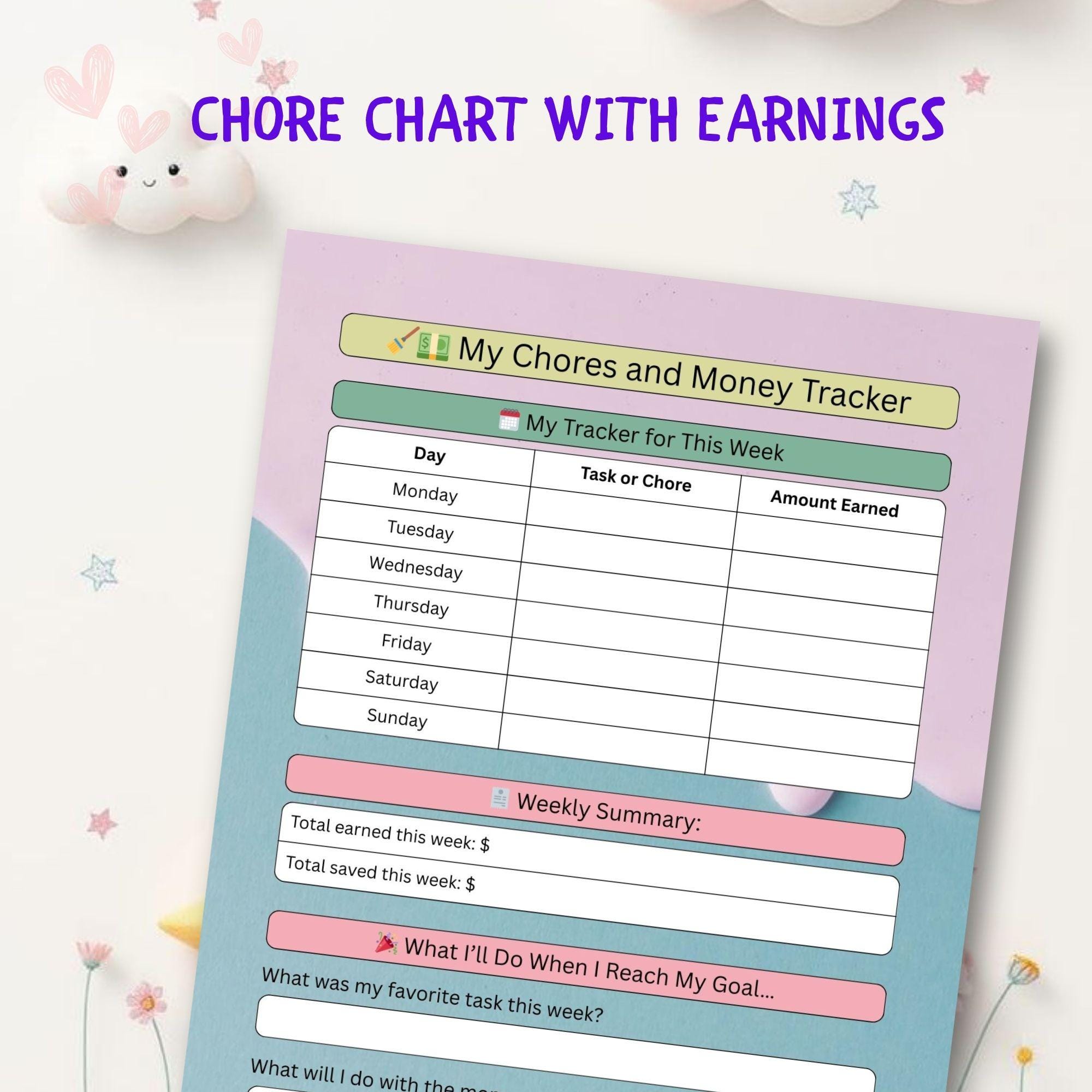 Chore Chart for Children: Weekly Tasks and Earnings (Printable PDF)