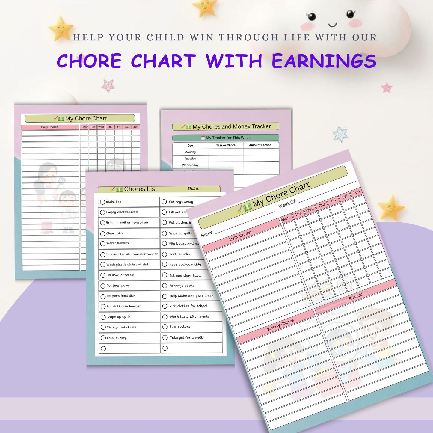 Kids Chore Chart with Earnings – Printable Reward & Allowance System | Editable PDF