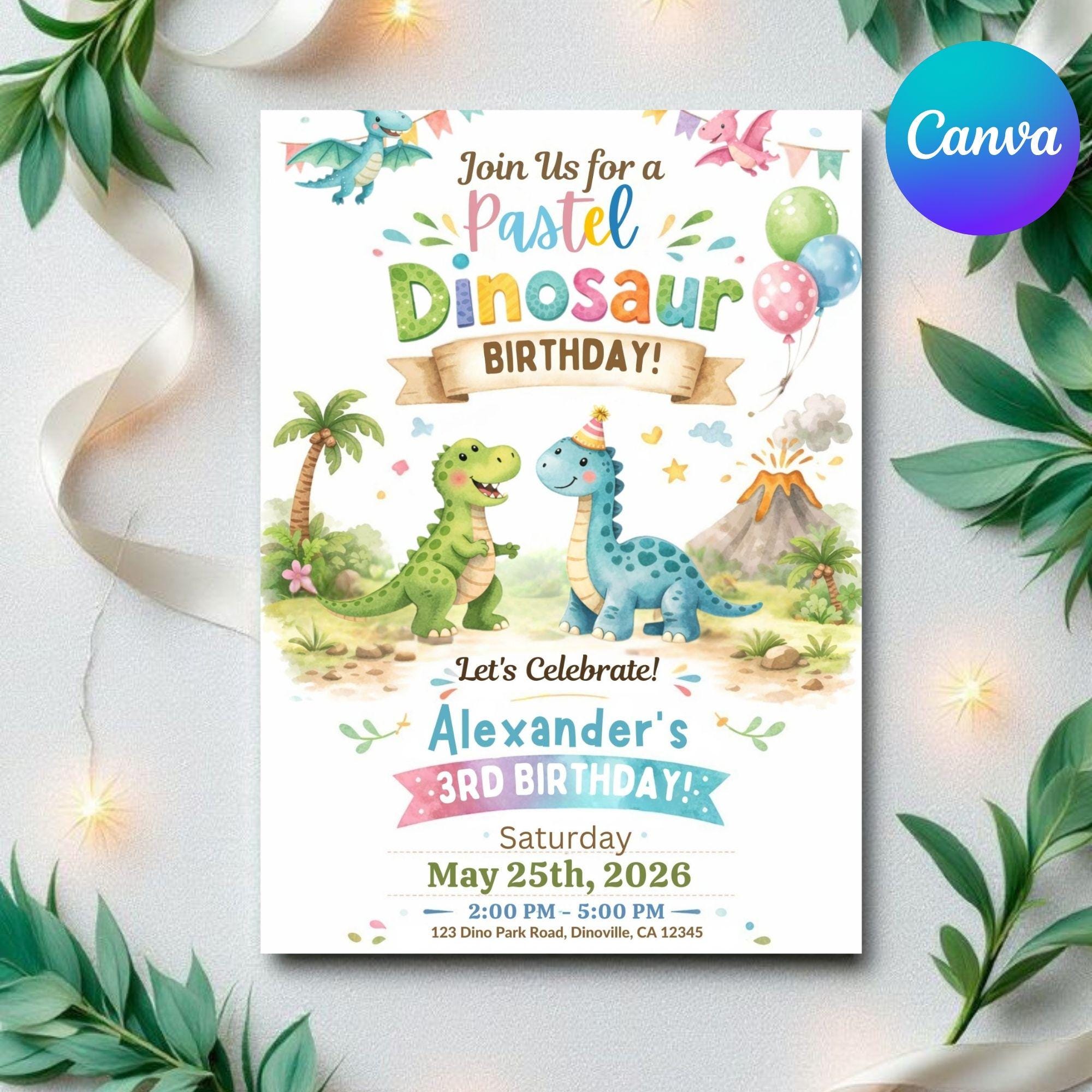 Dinosaur Birthday Invitation: Soft Pastel Colors - Editable Template