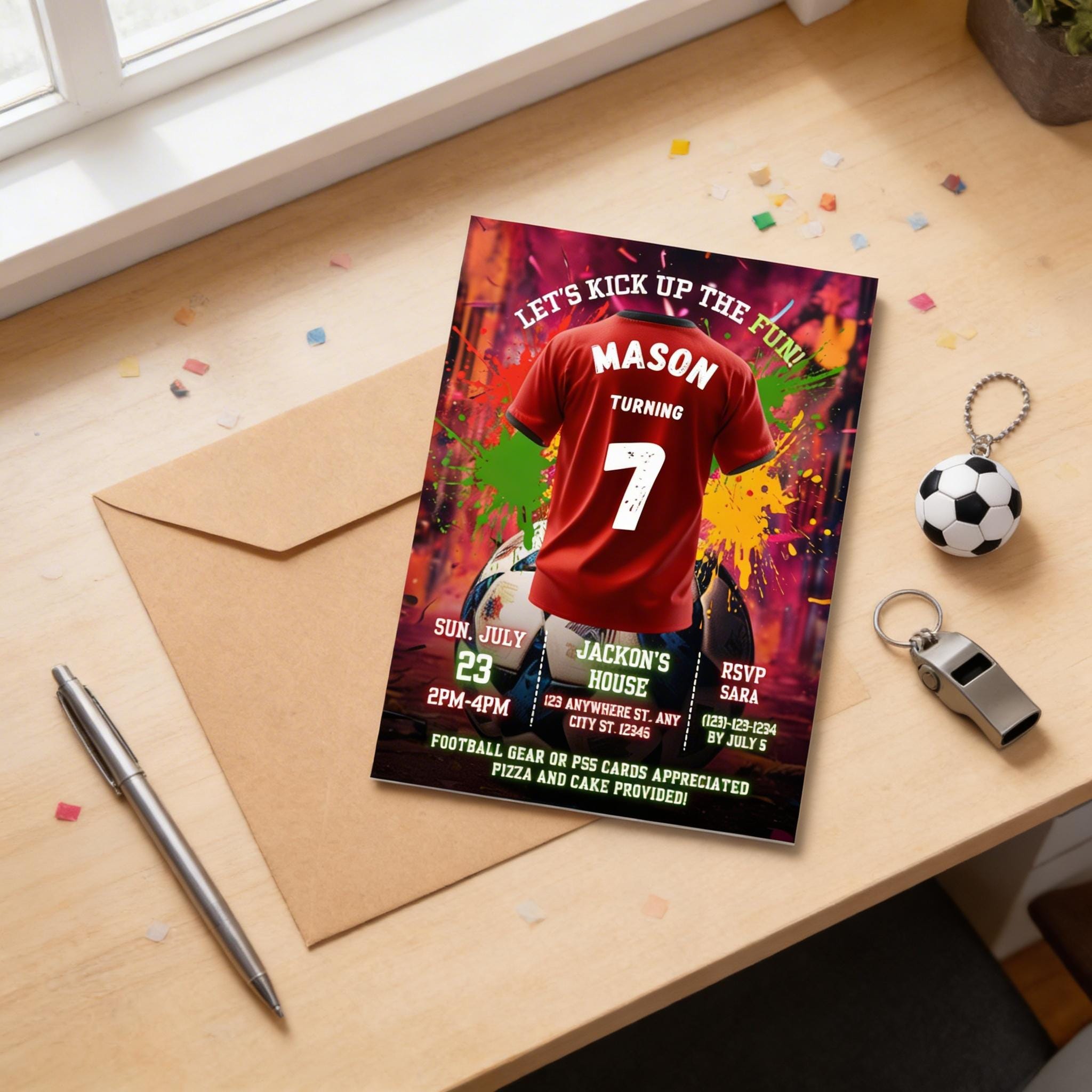 Personalized Soccer Birthday Invitation: Vibrant Red Football Theme (Digital Template)