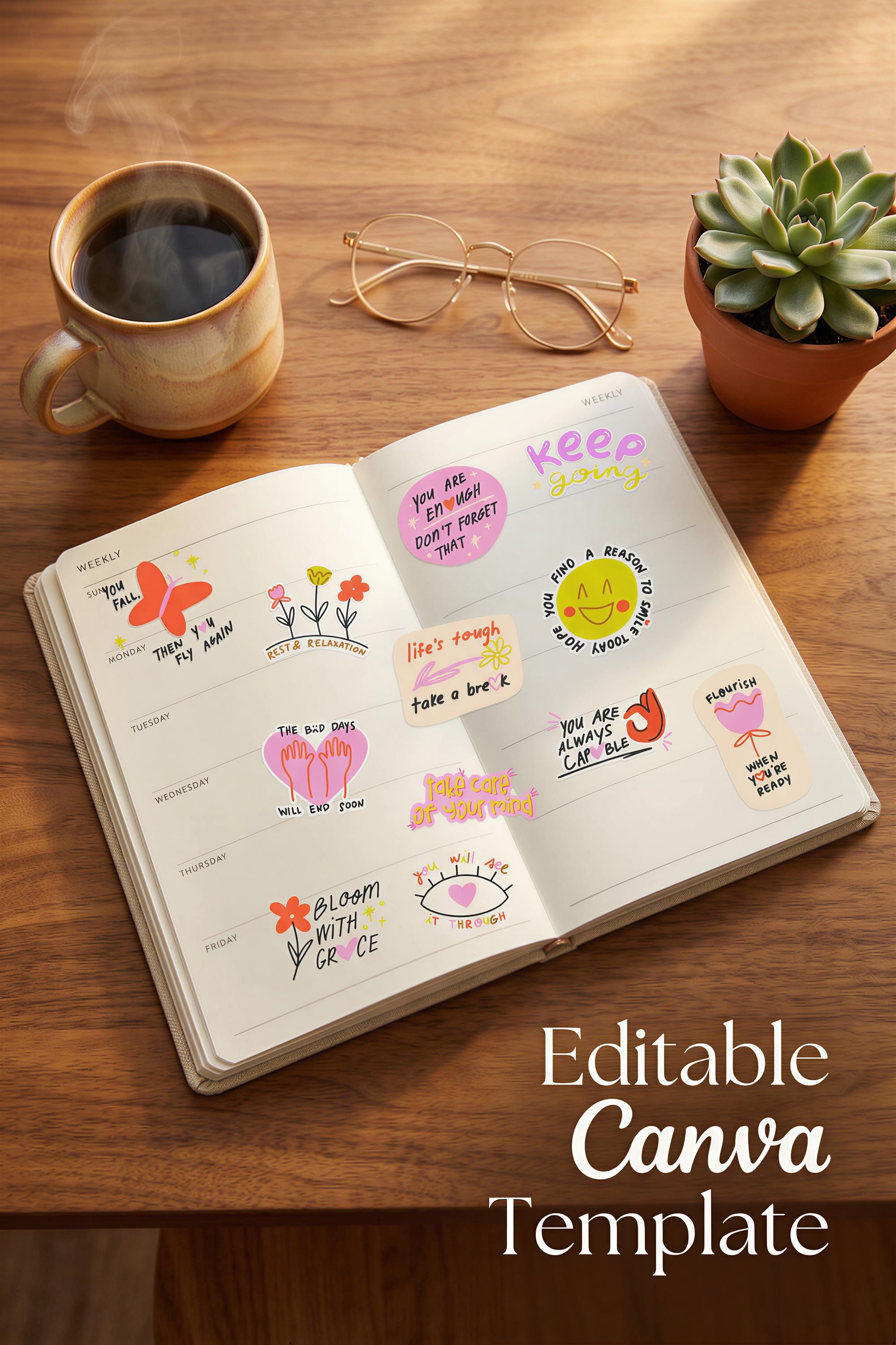 Editable Planner Stickers: Self Care Themes, Digital & Printable
