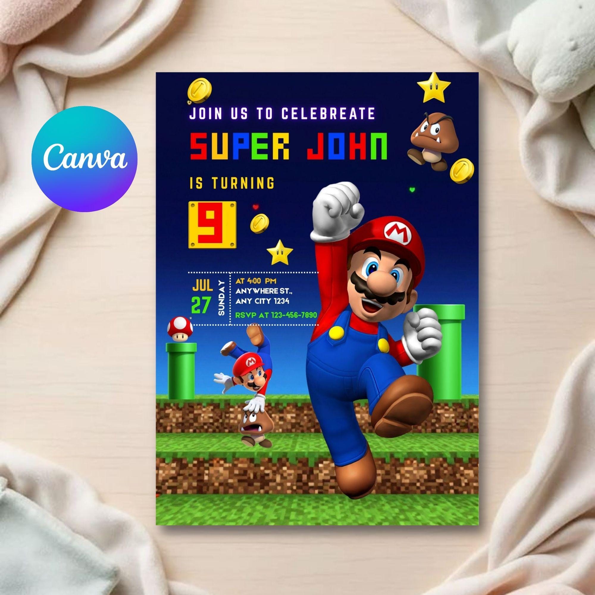 Birthday Invitation Template: Super Mario Theme - Editable Digital Download