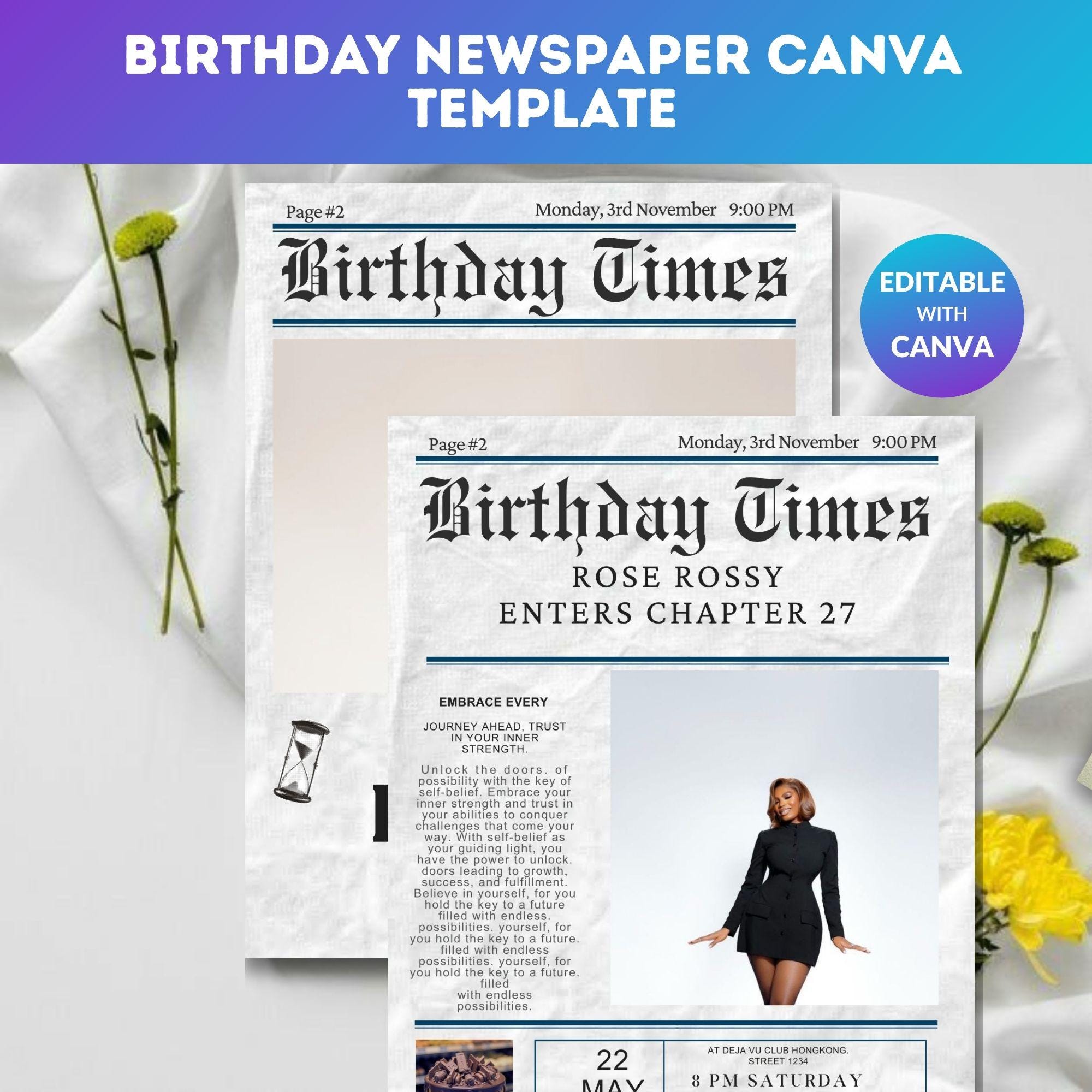 Birthday Newspaper Poster, Funny Editable Template (Instant Download)