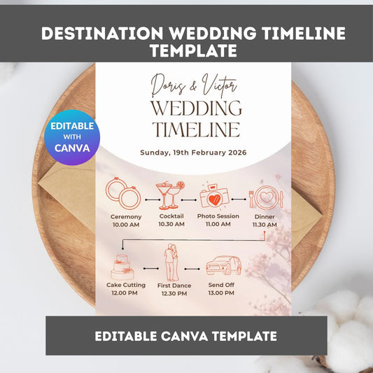 Destination Wedding Timeline Template – Editable Itinerary Card, Canva PDF | Instant Download