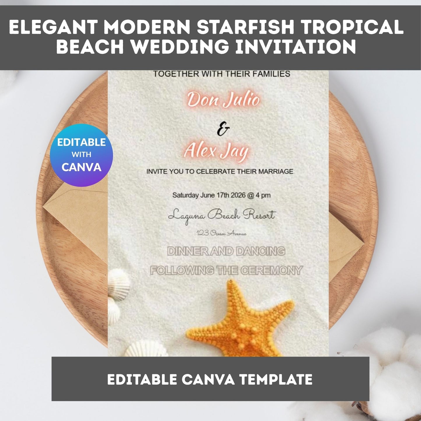 Tropical Beach Wedding Invitation – Elegant Starfish Editable Canva Template | Digital Download