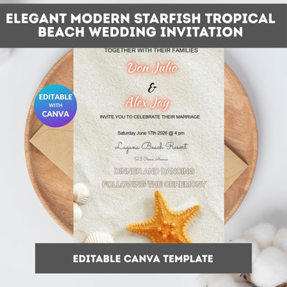 Tropical Beach Wedding Invitation – Elegant Starfish Editable Canva Template | Digital Download