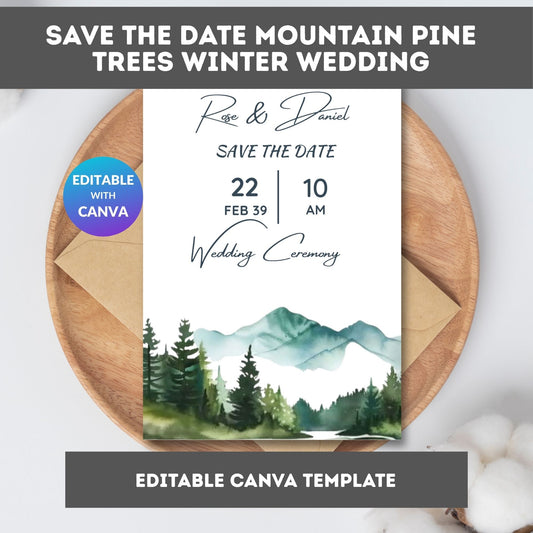 Save the Date Mountain Pine Trees Winter Wedding