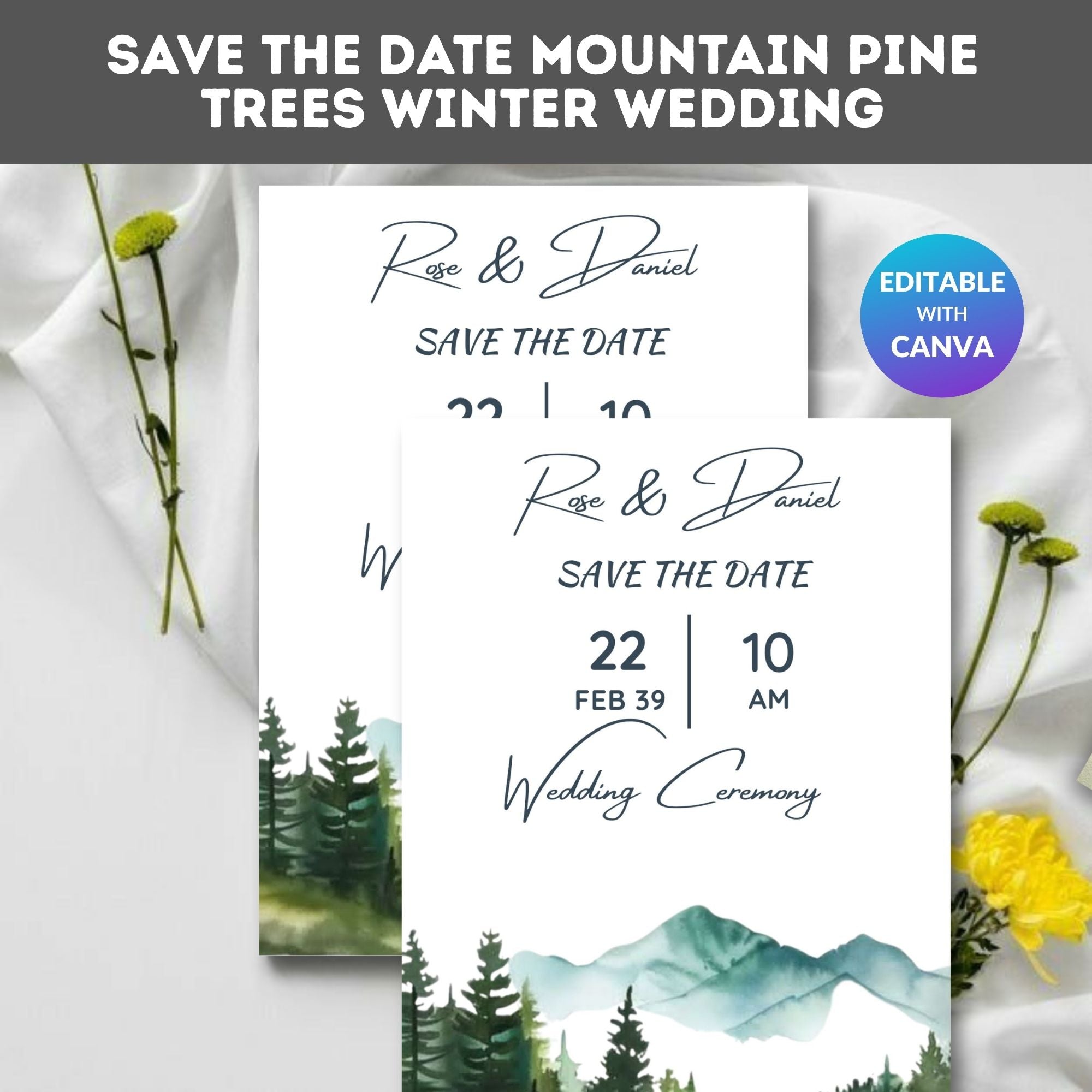 Save the Date Mountain Pine Trees Winter Wedding
