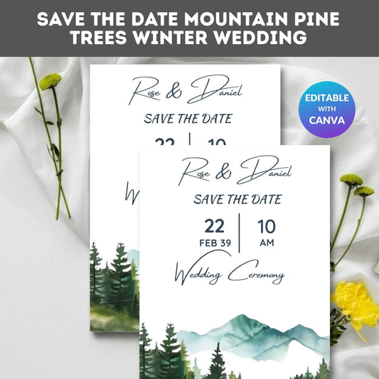 Save the Date Mountain Pine Trees Winter Wedding