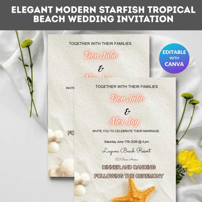 Tropical Beach Wedding Invitation – Elegant Starfish Editable Canva Template | Digital Download