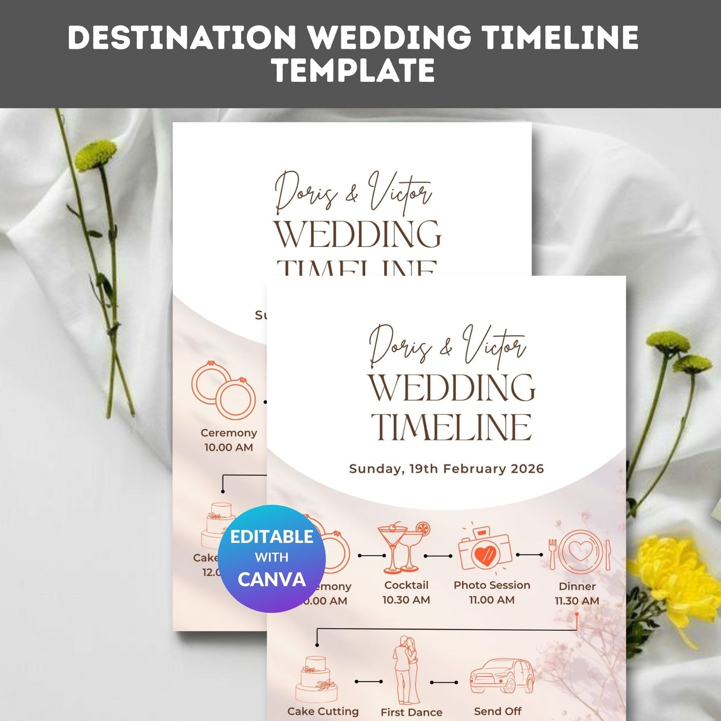 Destination Wedding Timeline Template – Editable Itinerary Card, Canva PDF | Instant Download