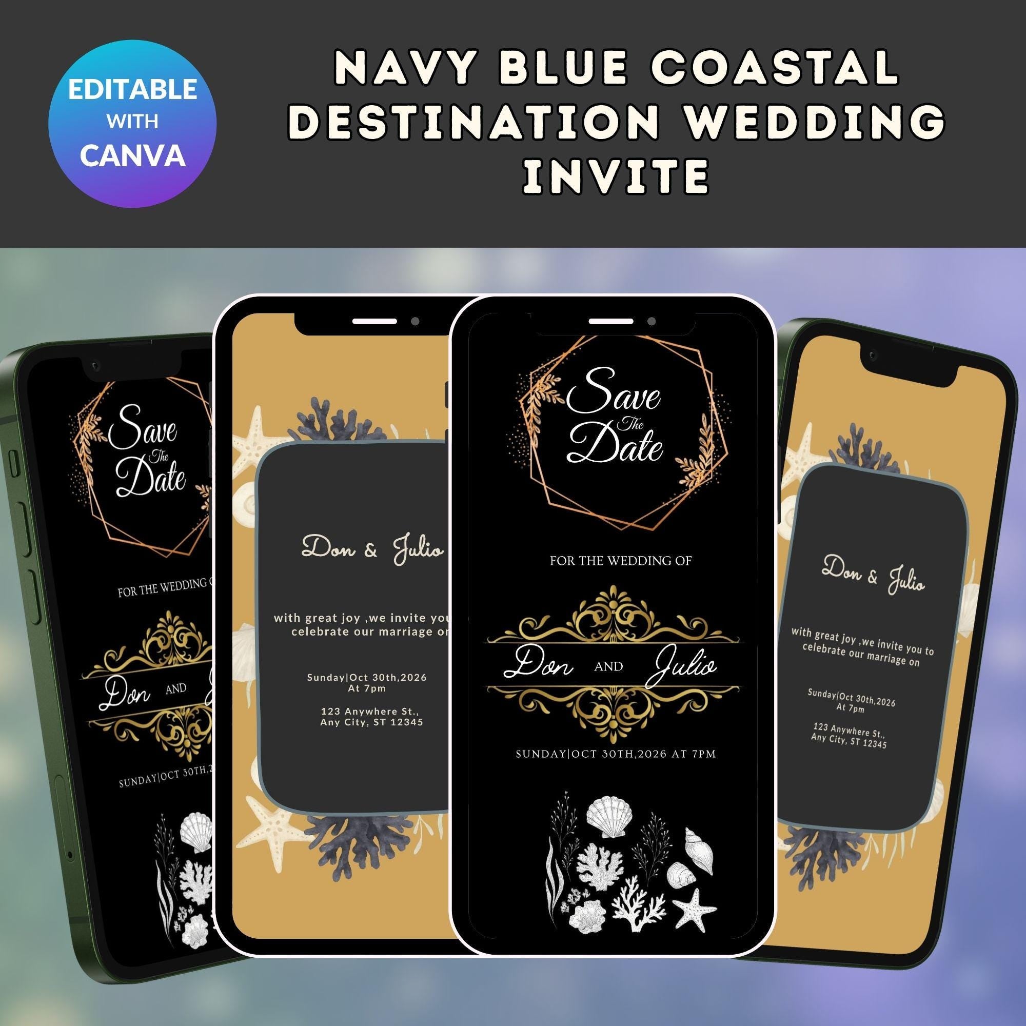 Coastal Wedding Invitation – Navy Blue Seaside Design (Editable)